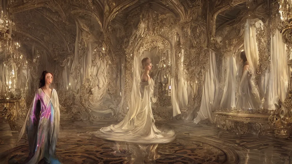 Image similar to a stunning wide angle view a woman wearing a majestic flowing silk robe in a magical white crystal castle with many mirrors, highly detailed reflections, artistic composition, sharp focus, intricate concept art, digital painting, colorful flat surreal design, hd, 8 k, artstation, ambient lighting