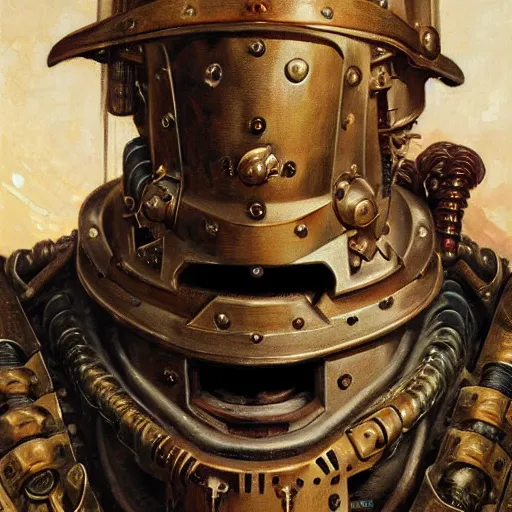 Image similar to the doomslayer as a steampunk knight, realistic closeup portrait art by norman rockwell and donato giancola and greg rutkowski, a - symmetrical