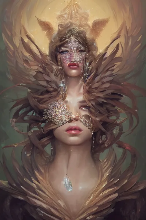 Image similar to beautifulmodel face covered with diamonds wearing crystals, diamonds, angel, fantasy, dramatic lighting, highly detailed, digital painting, magic the gathering, hyper detailed, 3 d render, hyper realistic detailed portrait, peter mohrbacher, wlop, ruan jia