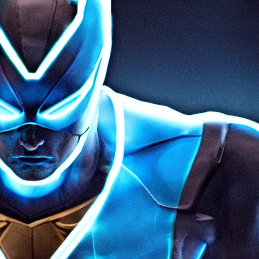 Prompt: a male superhero with blue glowing eyes, frontal view, cool looking