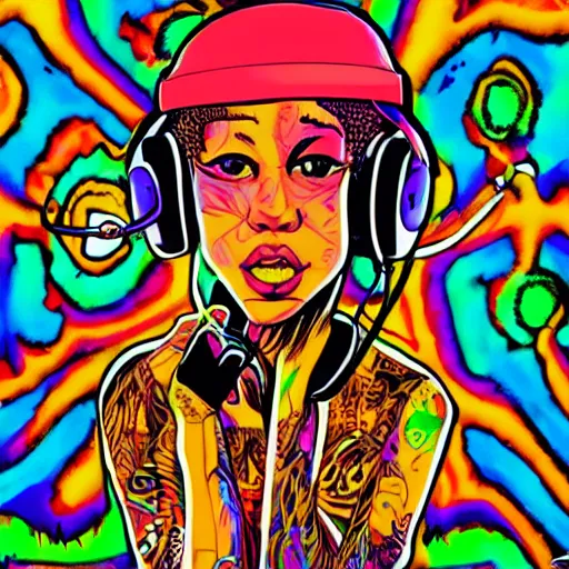 Prompt: artgerm, psychedelic ben harper, rocking out, headphones dj rave, digital artwork, r. crumb, svg vector