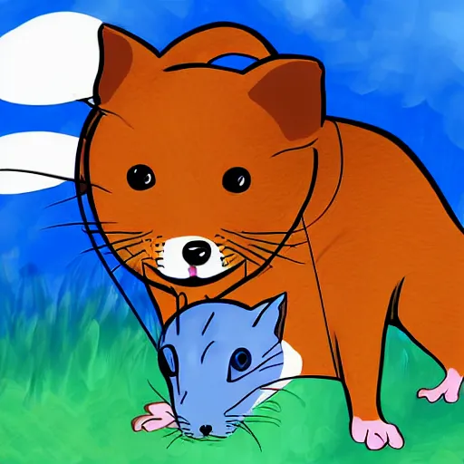 Prompt: A mouse disguised as a dog chasing a cat, digital art