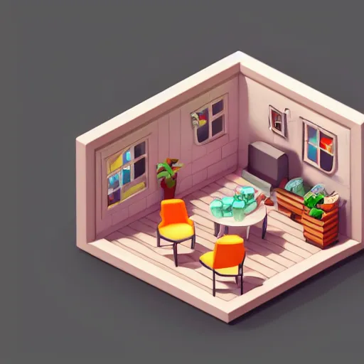 Image similar to isometric, cute, cozy cottage, 3d rendered, art station