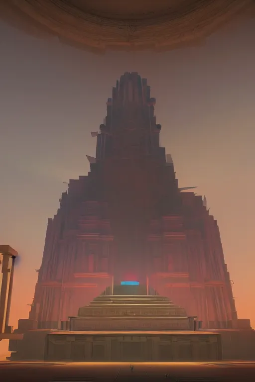 Prompt: Artwork by Beeple of the cinematic view of the Temple of Infernal Writings.