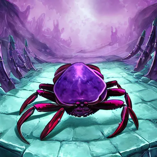 Image similar to violet fantasy crab scorpion hybrid, graveyard background, hearthstone coloring style, epic fantasy style art, fantasy epic digital art