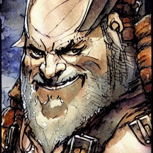 Image similar to Dwarf Barbarian, drawn by Yoji Shinkawa, water color, Dungeons and Dragons, Wizards of the Coast