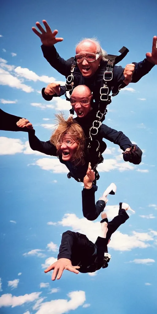 Image similar to a skydiving falling happy screaming old man, long hair, arching, jumping, national cheographic, by annie leibovitz