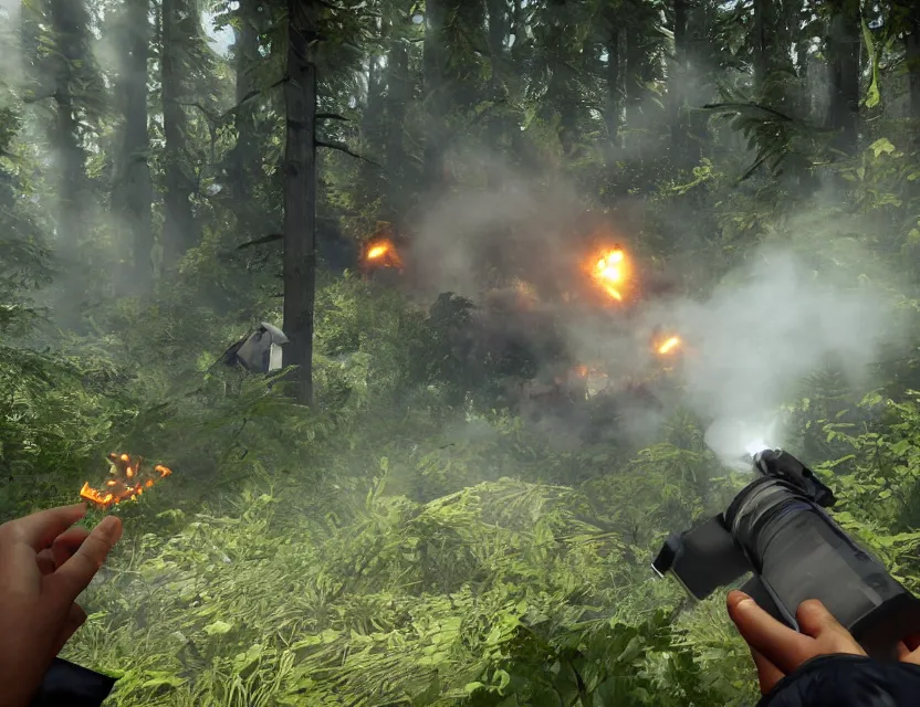 Prompt: a the forest game screenshot with a crashed plane, player is holding a lighter. ultra realistic