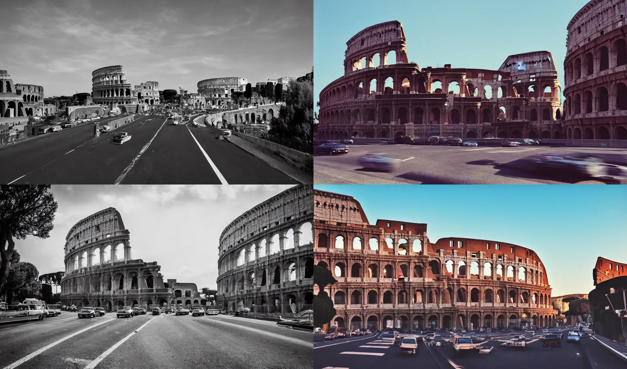 Prompt: a highway passing through Rome, next to the Colosseum, by Kavinsky, retro futuristic, outrun, retrowave, 80s retro