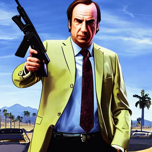 Image similar to saul goodman standing in the sun holding a smg gun, grand theft auto 5 artwork