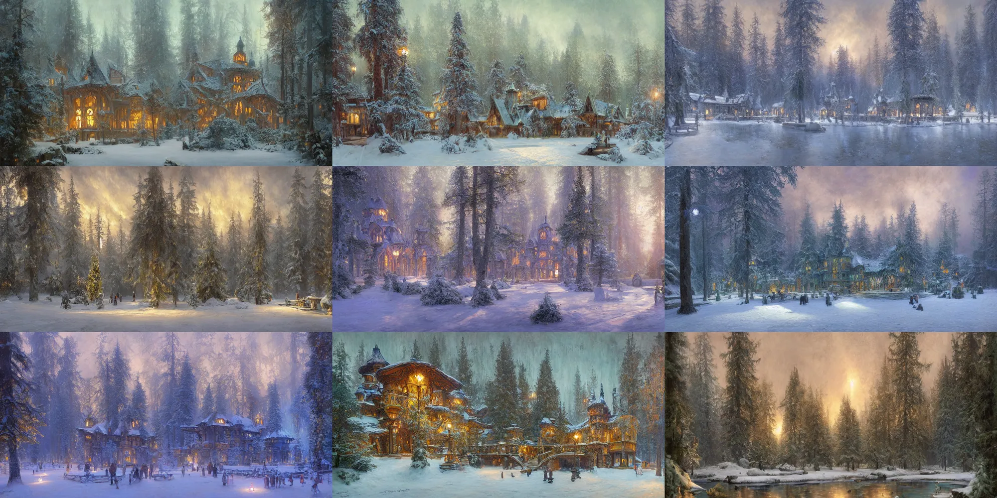 Prompt: school of magic near the lake in coniferous forest, winter, art nouveau architecture, fantasy, highly detailed, intricate, volumetric lighting, pastel colors, digital paining, matte painting, art by finnian macmanus, thomas scholes, donato giancola