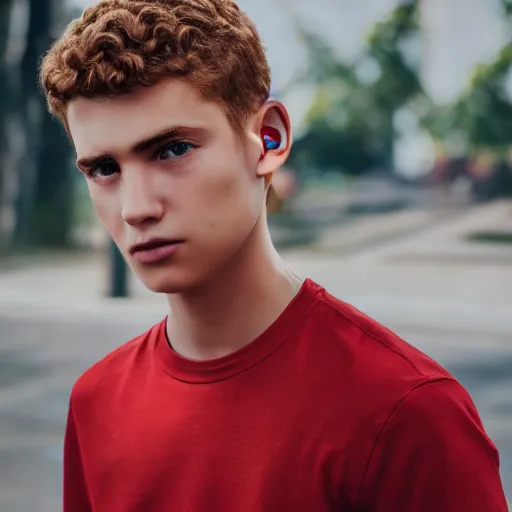 Prompt: red teenager with curly blonde hair red t shirt airpods attractive, high - quality photo realistic highly detailed high - quality 8 k