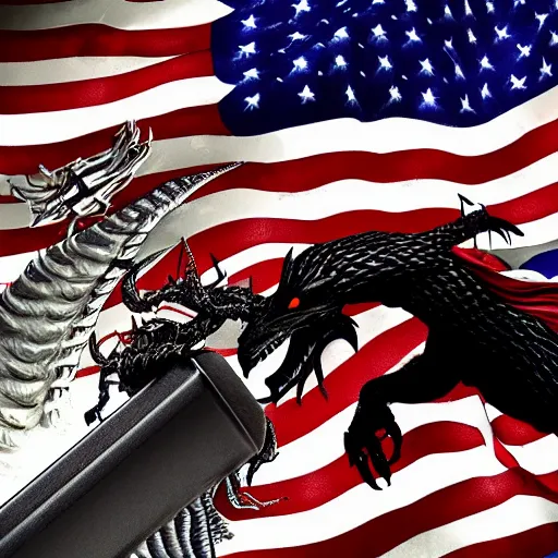 Prompt: a photo of thor with the hammer riding a black dragon while being penetrated by a hen in the mouth, american flag in the background, raytracing, fantasy, soft colors