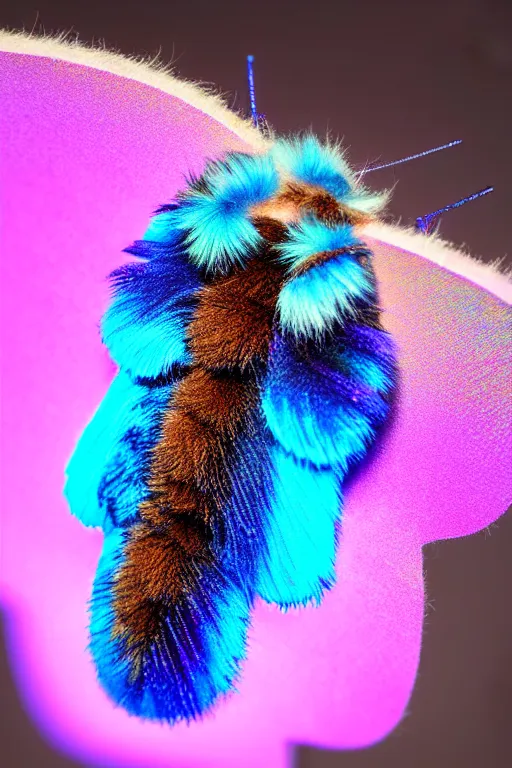 Prompt: high quality macro photo silky iridescent furry moth! jewelled gorgeous! highly detailed david ligare elson peter cinematic blue neon lighting high quality low angle hd 8k sharp shallow depth of field
