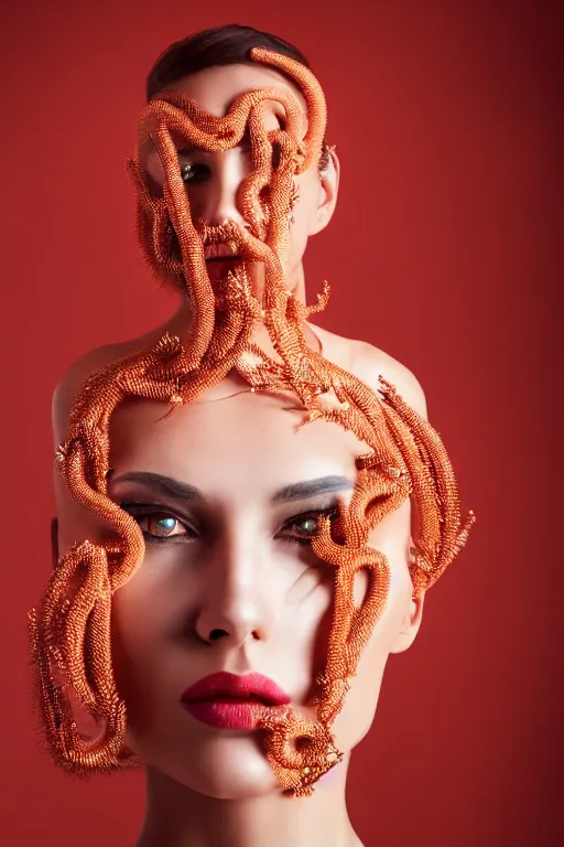 Image similar to beautifull cyberpunk woman model, wearing organic coral outfit, gold tendrils, luxury materials, symmetrical, cinematic, elegant, professional studio light, real dlsr photography, sharp focus, 4 k, ultra hd, sense of awe, high fashion