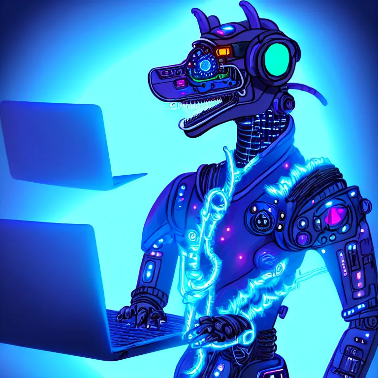 Prompt: an anthropomorphic male blue dragon fursona wearing a cybernetic suit, headphones on his head, laptop, cyberpunk, furry, vivid saturation, digital art, soft lighting