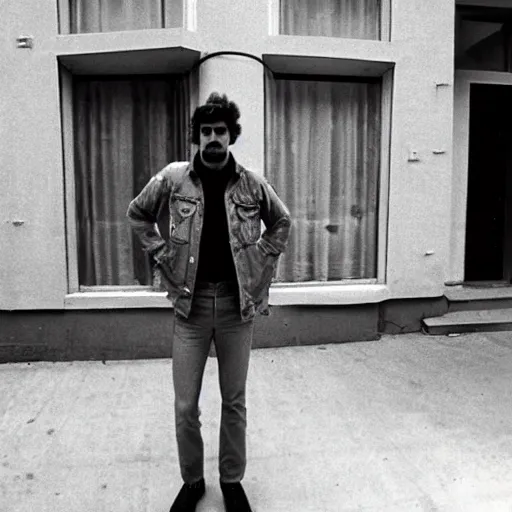 Image similar to a photo from 1 9 8 3 of yosef kavinsky standing in front of his new apartment by wes anderson