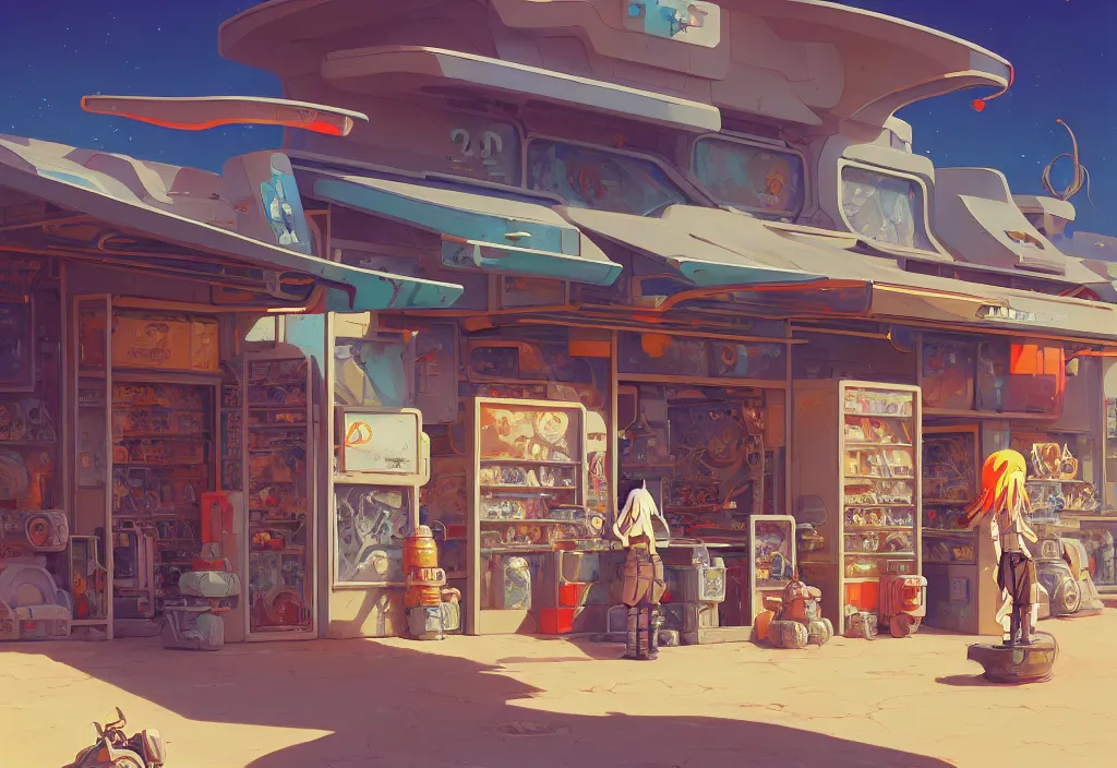 Image similar to chubby futuristic shop in the desert surrounded by two metal boxes, intricate oil painting, high detail illustration, sharp high detail, manga and anime 1 9 9 9, official fanart behance hd artstation by jesper ejsing and makoto shinkai, 4 k,