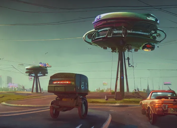 Prompt: a enormous mechanical device looms over a small rural town as police cars drive on the roads, by Simon Stålenhag, 8k, intricate detail, trending on artstation