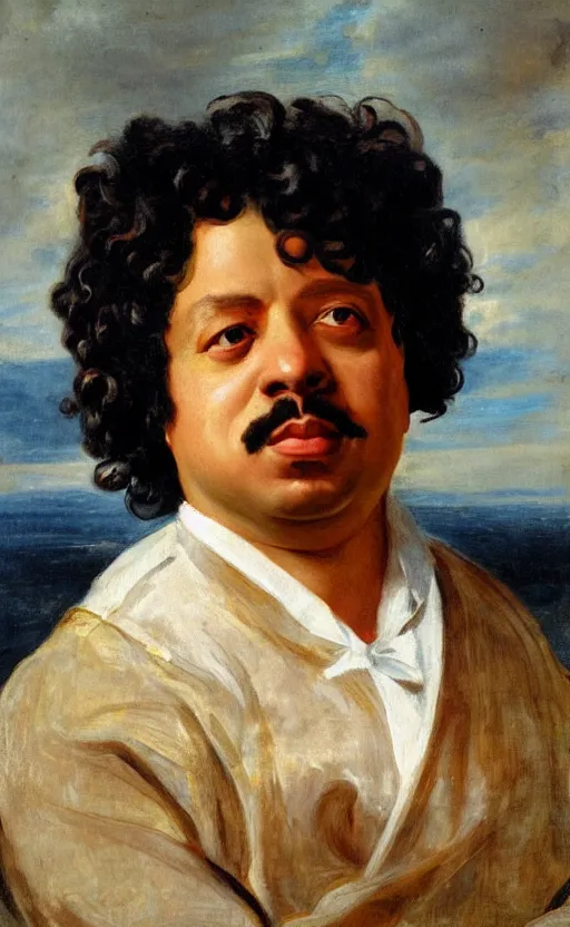 Image similar to Portrait of Alexandre Dumas, oil on canvas, highly detailed, by Delacroix, 8k