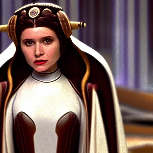 Prompt: princess amidala played by Carrie Fisher, movie still, cinematic,