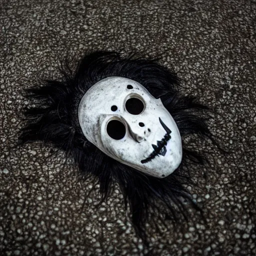 Prompt: a closeup photograph of a creepy, simple and sharp comedy mask with deep black eye sockets lying on a concrete floor in an abandoned building