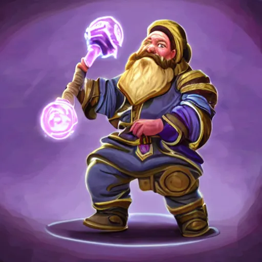 Image similar to dwarf alchemist carrying a staff with purple energy radiating from it, tomes and scrolls on his back, ling white beard, in the style of league of legends