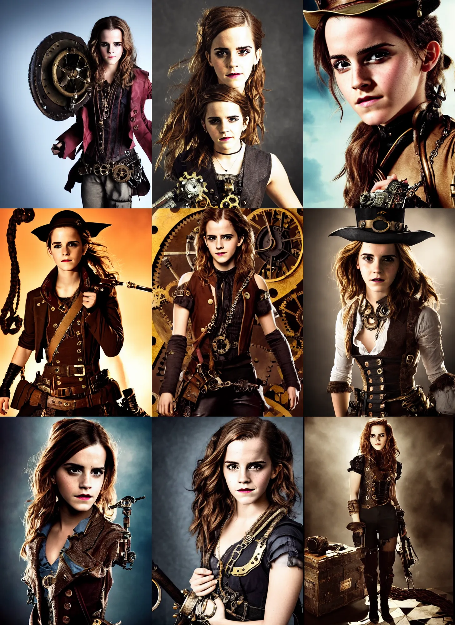 Prompt: emma watson as a steampunk pirate for a new movie directed by james gunn, photo from a promo shoot, studio lighting, black background