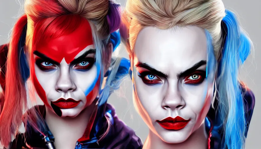 Prompt: Cara Delevingne as Harley Quinn, hyperdetailed, artstation, cgsociety, 8k