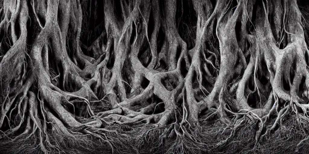 Prompt: photography of roots sprawling, monsters wth hay fur emerging from roots, forest, dolomites, alpine, detailed intricate insanely detailed octane render, 8k artistic 1920s photography, photorealistic, black and white, chiaroscuro, hd, by David Cronenberg, Raphael, Caravaggio