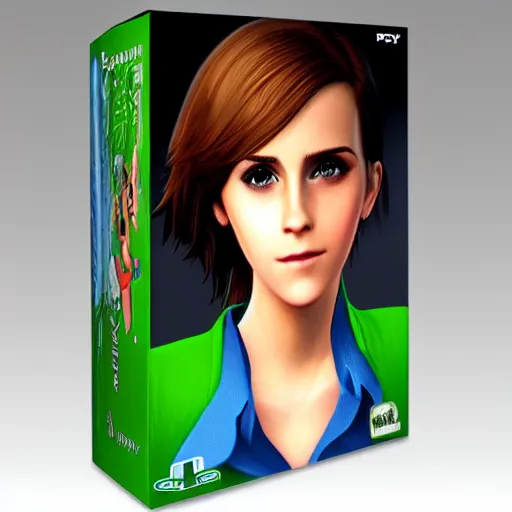 Image similar to ps 2 game box keyart, emma watson the sims, playstation 2, oldschool