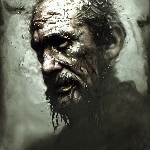 Prompt: wet collodion photography of innsmouth dweller mutant fisherman sailor old man with gills and scales creatures from the deep ocean by emil melmoth zdzislaw beksinki craig mullins yoji shinkawa realistic render ominous detailed photo atmospheric by jeremy mann francis bacon and agnes cecile ink drips paint smears digital glitches glitchart