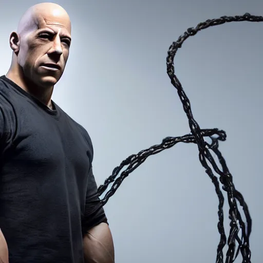 Image similar to animatronic Vin Diesel, exposed wires, photo, Stan Winston studios, detailed, 4k