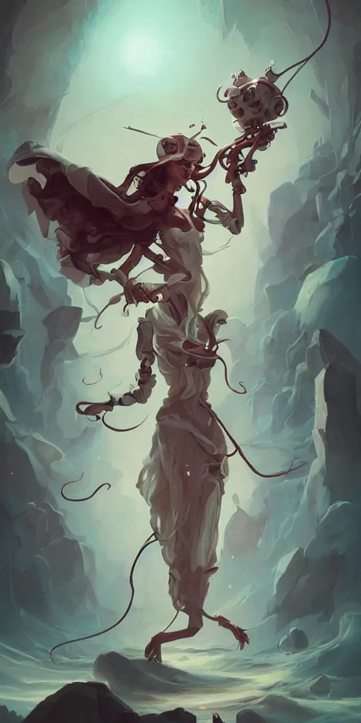 Image similar to the artwork of peter mohrbacher, flowing fabric robot prince