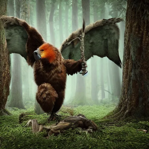 Prompt: Bird Bear Druid of the forest, hyperdetailed, intricate, octane render, photorealistic art, cinematic lighting, 8k