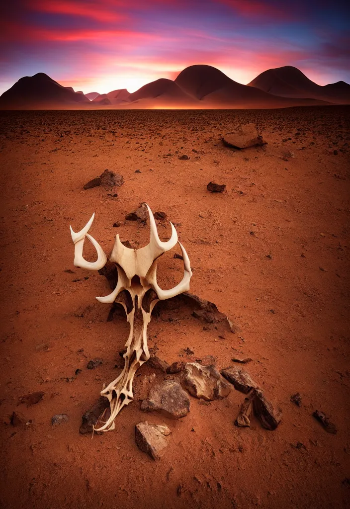 Image similar to amazing landscape photo of the Namib landscape with mountains in the distance and an Oryx skull on the rocks in the foreground by marc adamus, beautiful dramatic lighting, 16mm wide angle lens