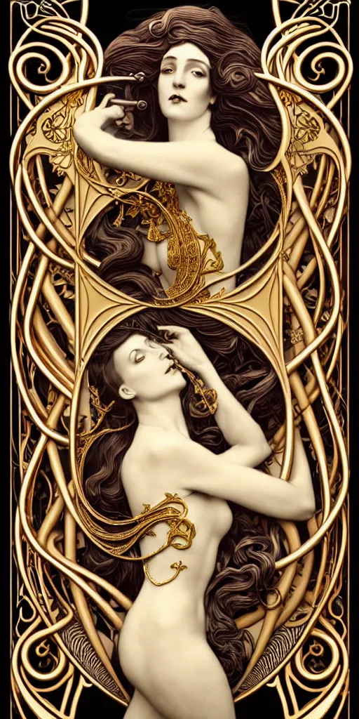 Image similar to the source of future growth dramatic, elaborate emotive Art Nouveau styles to emphasise beauty as a transcendental, seamless pattern, symmetrical, large motifs, hyper realistic, 8k image, 3D, supersharp, Art nouveau 3D curves and swirls, copper and Gold pipes, silk ribbons and golden chains, swarovski crystals, iridescent and black and shiny gold colors , perfect symmetry, iridescent, High Definition, sci-fi, Octane render in Maya and Houdini, light, shadows, reflections, photorealistic, masterpiece, smooth gradients, no blur, sharp focus, photorealistic, insanely detailed and intricate, cinematic lighting, Octane render, epic scene, 8K