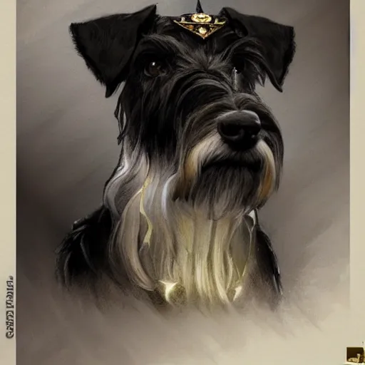 Image similar to portrait of stoic looking miniature schnauzer, military uniform, black fir, white eyebrows, fantasy, intricate, elegant, highly detailed, centered, dark, smokey, charcoal painting, digital painting, artstation, concept art, smooth, sharp focus, illustration, art by artgerm and greg rutkowski and alphonse mucha