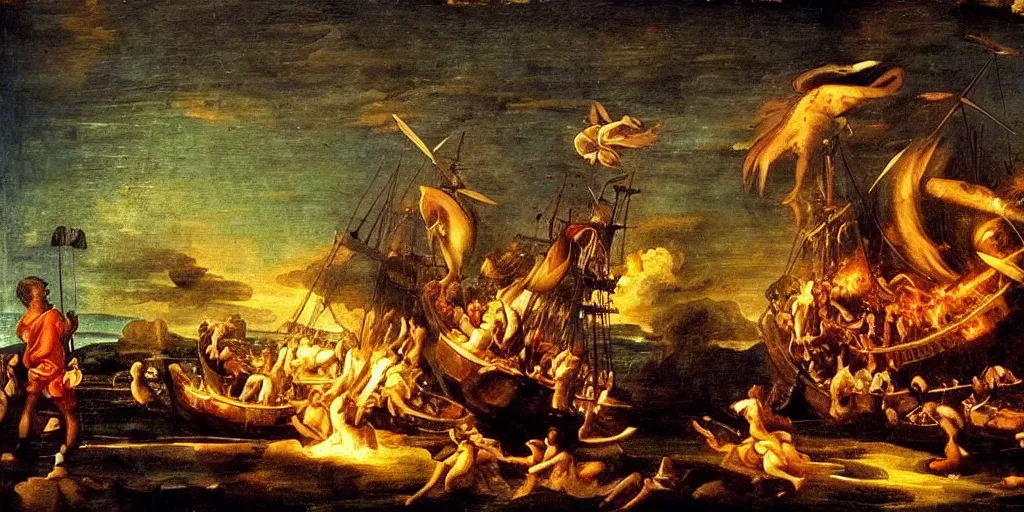 Prompt: renaissance painting of a 1 8 th century ship on fire at night. cinematic