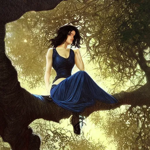 Image similar to study of a woman resting on a large tree, short black hair, decorative dark blue clothing, sharp focus, ultra realistic illustration, colorful, cinematic lighting, high fantasy, intricate, highly detailed, smooth, elegant, artgerm, greg rutkowski, alphonse mucha magali villeneuve