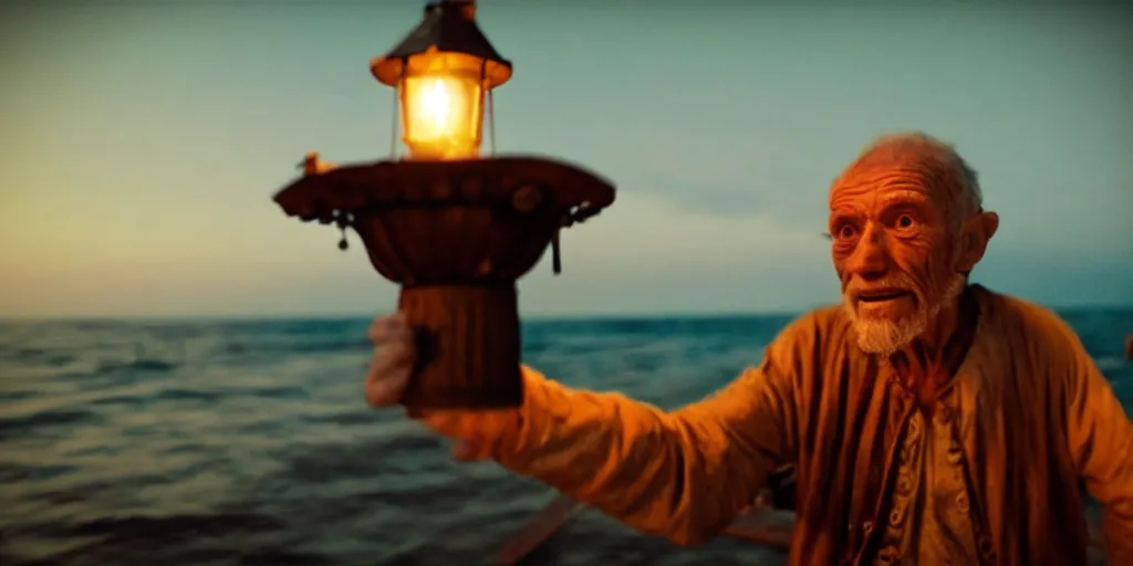 Image similar to film still of closeup old man holding up lantern by his beach hut at night. pirate ship in the ocean by emmanuel lubezki