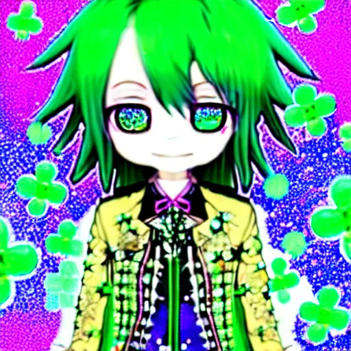 Image similar to a hologram of decora styled green haired yotsuba koiwai wearing a gothic spiked jacket, background full of lucky clovers and shinning stars, holography, irridescent, baroque visual kei decora art