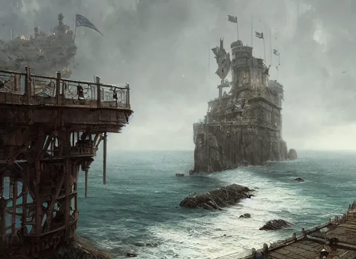 Image similar to A beautiful medieval metropolis built on a cliff overlooking the ocean, a large black pirate ship waiting in the pier. Fantasy digital painting by Greg Rutkowski