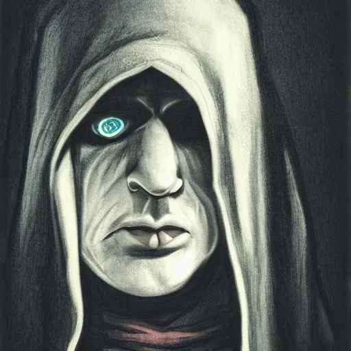 Image similar to portrait of a small pale cowardly man wearing dark hood, scared look, fantasy artwork, high fantasy