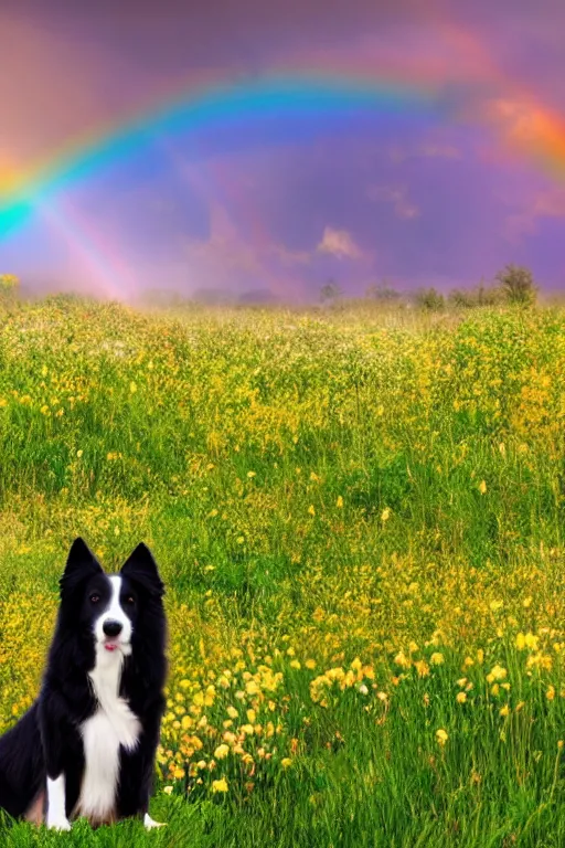 Prompt: A border collie sitting in a beautiful flower meadow with a rainbow in the sky above matte painting