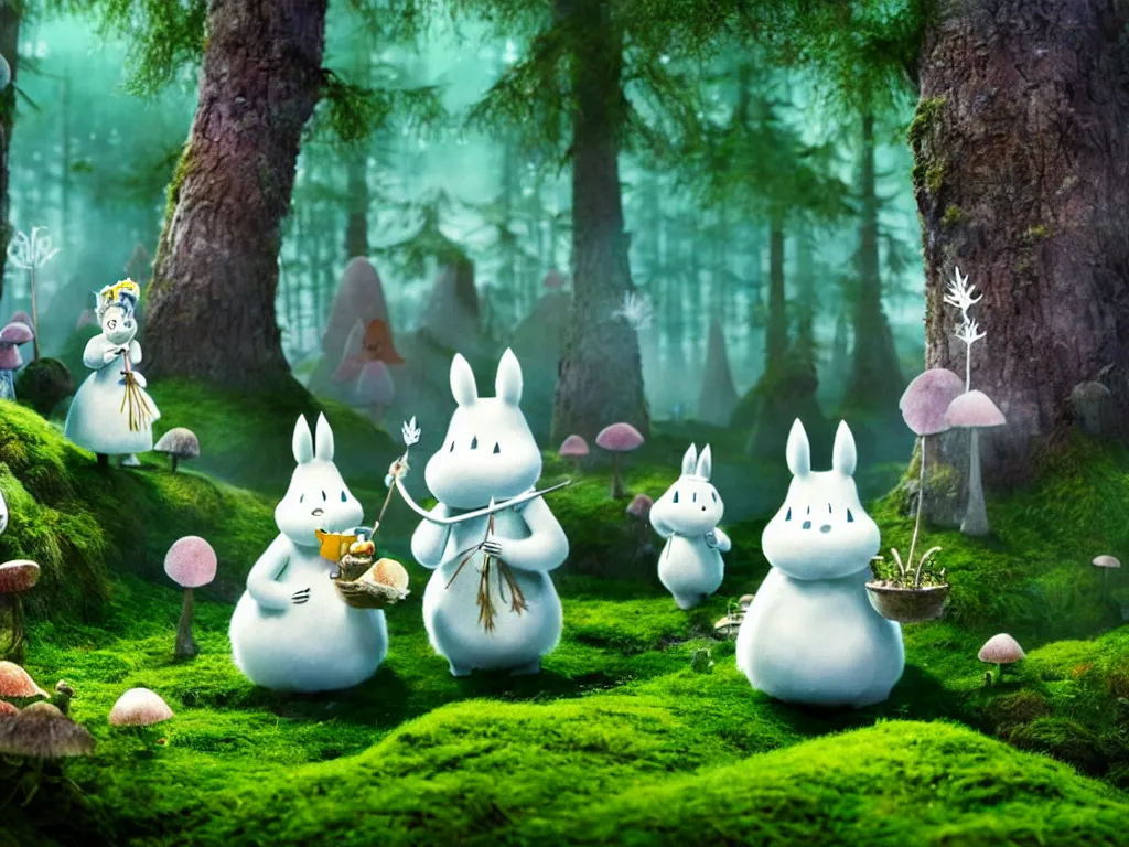 Image similar to the moomins wearing fluffy knight armor discovering the enchanted forest full of magic trees, giant mushrooms and moss and many fairies glowing in the dark, photorealistic painting, cgi, low volumetric light, movie still, very cute and cozy and fluffy and sweet