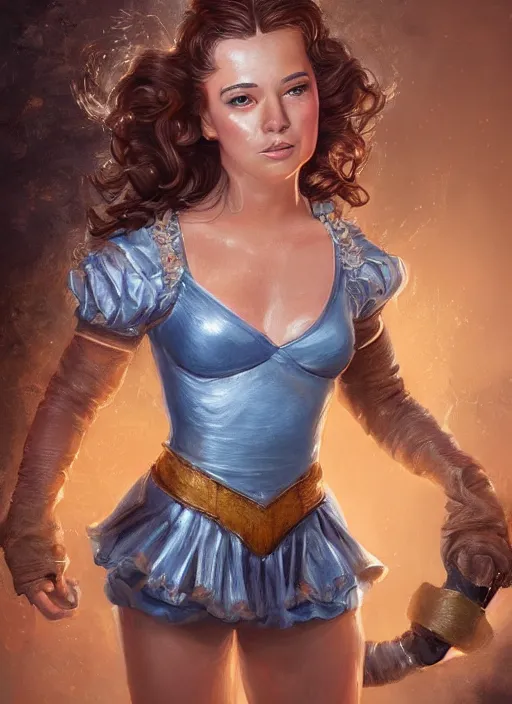 Image similar to beautiful female dorothy gale, rebecca romijn as dorothy, full body character concept, full leather armor, super powers, fantasy, intricate, elegant, highly detailed, digital painting, artstation, concept art, shining, sharp focus, illustration, art by stanley lau