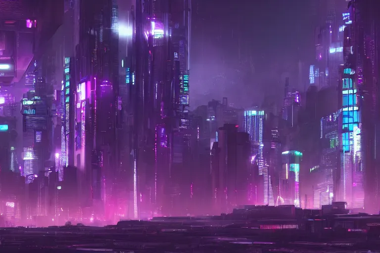 Image similar to detailed landscape of a cyberpunk city at night. wallpaper. purple color palette. hd. artstation.