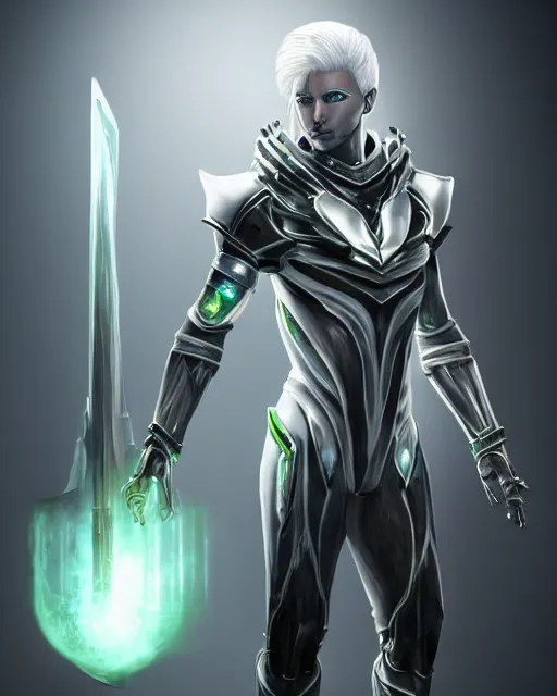 Prompt: perfect white haired egyptian male god, warframe armor, beautiful, symmetric, dreamy, half african,, green eyes, charlize theron, detailed, scifi platform, laboratory, experiment, 4 k, ultra realistic, epic lighting, android body, illuminated, cinematic, masterpiece, art by akihito tsukushi, voidstar