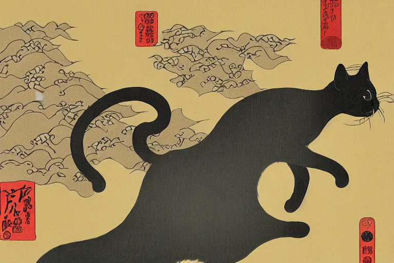Image similar to cat in rain attacking Tokyo, ukiyo-e print, masterpiece, masterwork, artstation